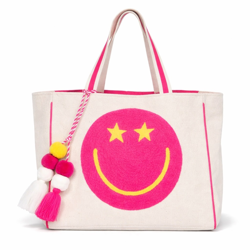 NWT Katydid Hot Pink Star Eye Smiley Face Canvas Tote Beach Travel Bag